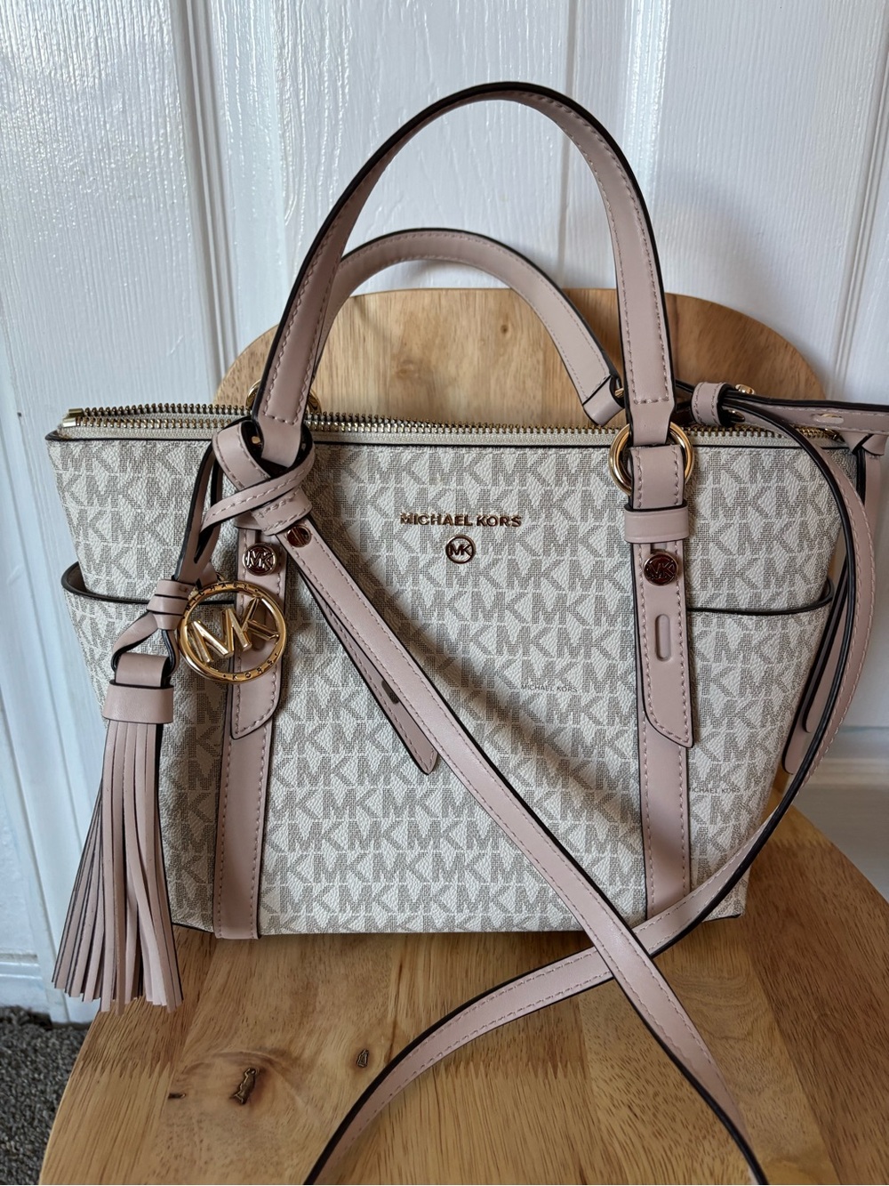 Michael Kors Pale Pink MK Logo Satchel with Tassel Charm